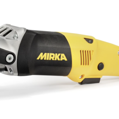 Esmerilhadora elétrica preta e amarela da marca MIRKA com punho auxiliar