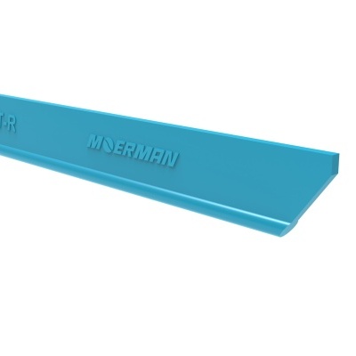 Barra azul de metal com texto em relevo em fundo branco