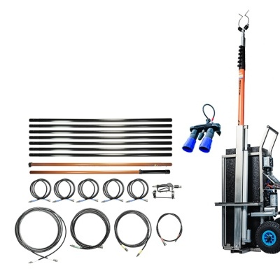 Conjunto de ferramentas com varas, cabos, dispositivo azul, e estrutura metálica com rodas