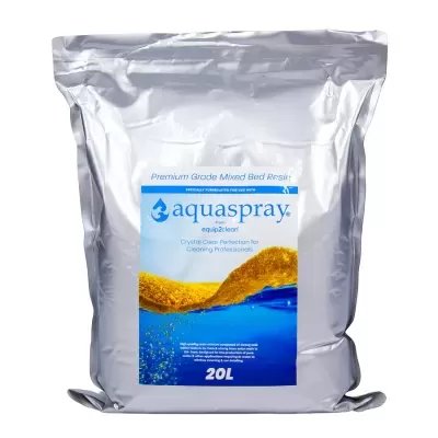 Saco prateado com etiqueta azul e branca de resina mista Premium Grade Mixed Bed Resin aquaspray 20L