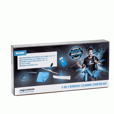 Kit 5 em 1 para limpeza de janelas com embalagem preta, azul e branca