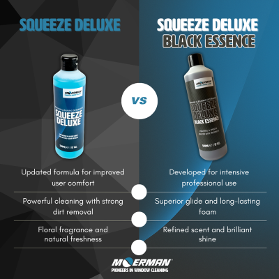 Duas garrafas de detergente para vidros, uma azul e outra preta, lado a lado com texto comparativo