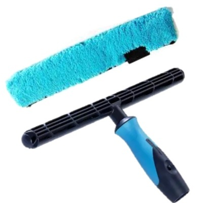 Kit de limpeza de vidros com suporte preto e azul e pano de microfibra azul