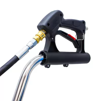 Punho de aspersor de jardim com tubo cromado e gatilho preto com trava vermelha