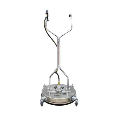 Máquina de limpeza circular metálica com estrutura tubular cromada e rodas