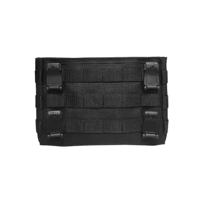 Bolsa preta rectangular com fivelas e tiras de fixação