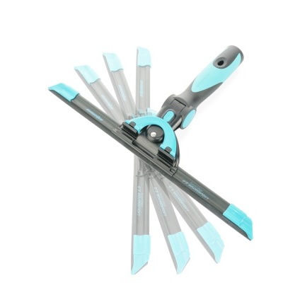 Acessório para limpeza de janelas com cabo cinzento e azul e lâmina preta em várias posições