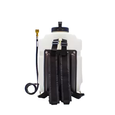 Pulverizador mochila plástico branco com alças pretas e mangueira