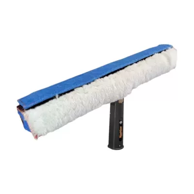 Pincel aplicador com esponja azul e tecido branco felpudo