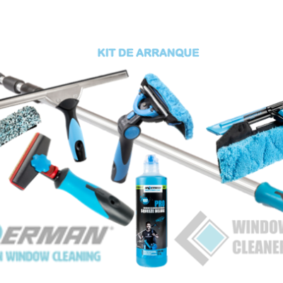 Kit de limpeza de janelas com esfregona azul, rodo, escova e líquido de limpeza