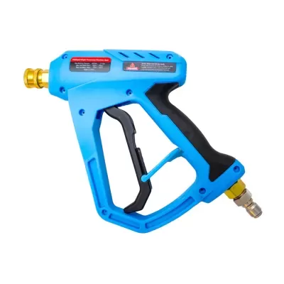 Pistola de alta pressão azul com punho preto e conexões metálicas.