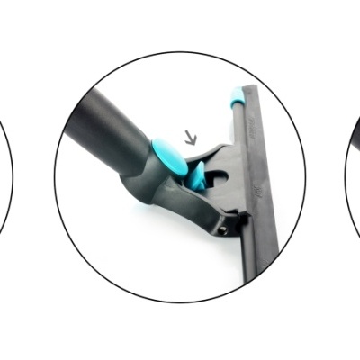 Três imagens de braço preto segurando uma peça plástica azul num painel preto com setas cinza.