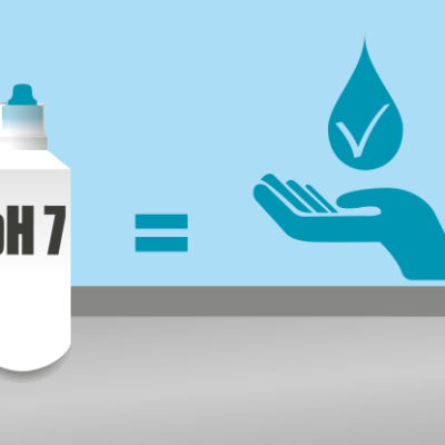 Frasco branco com tampa azul e rótulo pH 7 com símbolo gráfico de gota e mão azul