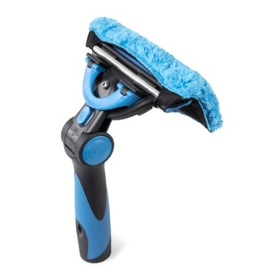 Esfregona de janela azul e preta com cabo ergonómico e pano de microfibra azul