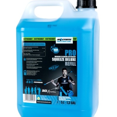 Recipiente azul de detergente para limpeza de janelas com rótulo preto e azul