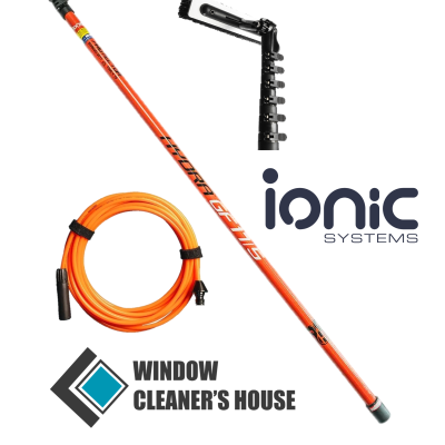 Varão telescópico laranja com escova e mangueira para limpeza de janelas