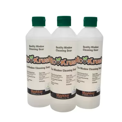 Três frascos de limpeza de vidros Eco Krush com tampas verdes