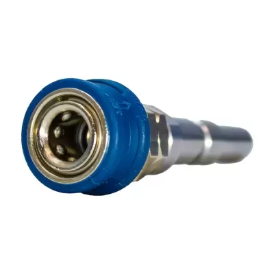 Conector metálico azul e prateado isolado com fundo branco