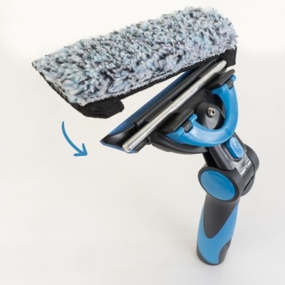 Limpa vidros azul e preto com almofada de microfibra cinzenta e azul