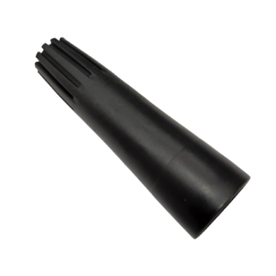 Peça preta cilíndrica de plástico com ranhuras, fundo branco