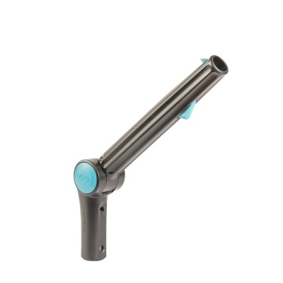 Acessório tubular cinza escuro com articulação azul sobre fundo branco