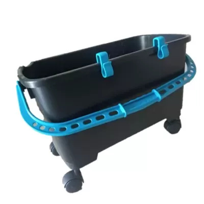 Organizador móvel em plástico preto com rodas e detalhes azuis