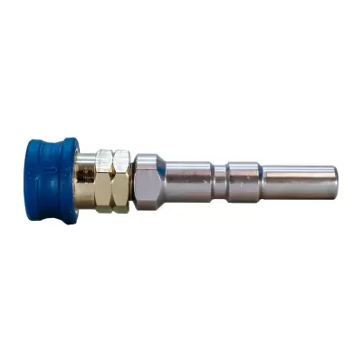 Conector metálico prateado com borracha azul e porcas douradas hexagonais