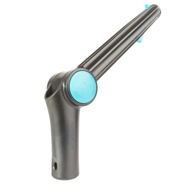 Dispositivo plástico cinzento e azul claro com articulação, sobre fundo branco