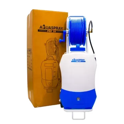 Pulverizador portátil AQUASPRAY PRO 20 branco e azul com mangueira azul e caixa castanha.
