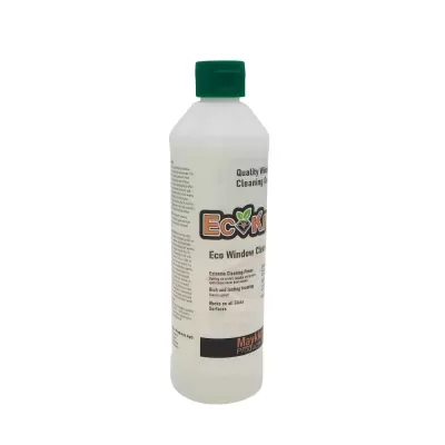 Frasco plástico translúcido de produto de limpeza para janelas EcoKlim com tampa verde