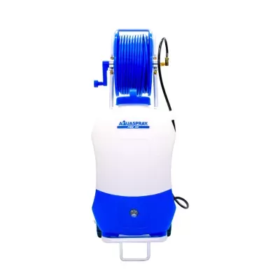 Pulverizador Aquaspray Pro 20 branco e azul com mangueira azul.