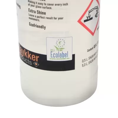 Frasco branco com rótulo contendo texto e selo ecológico EU Ecolabel.