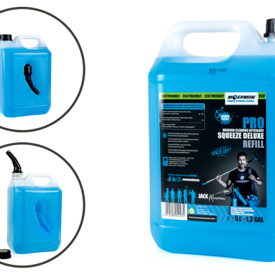 Recipiente azul de plástico para líquido com etiqueta preta e azul