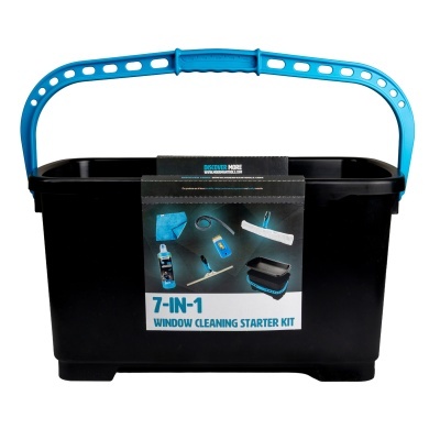 Kit de limpeza de janelas 7-em-1 com balde preto e pega azul