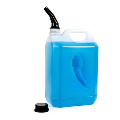 Frasco plástico com líquido azul, tampa preta e bico aplicador