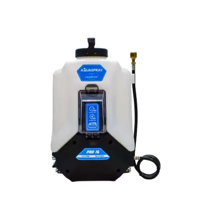 Pulverizador de mochila AQUASPRAY PRO 16 branco e preto com mangueira e etiquetas azuis