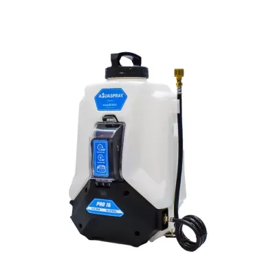 Pulverizador elétrico Aquaspray Pro 16 branco e preto com mangueira preta e etiqueta azul