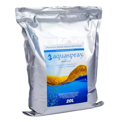 Saco prateado de resina Premium Grade Aquaspray 20L com etiqueta azul e branca