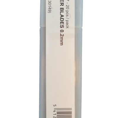 Caixa plástica com lâminas raspadoras 0,2mm e etiqueta informativa