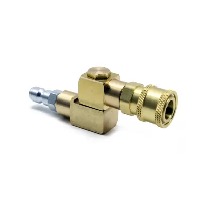 Conector metálico dourado com parte prata e rosca dentada