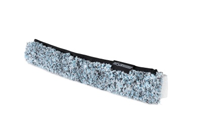 Pano limpador azul felpudo com faixa preta e texto AVESSO