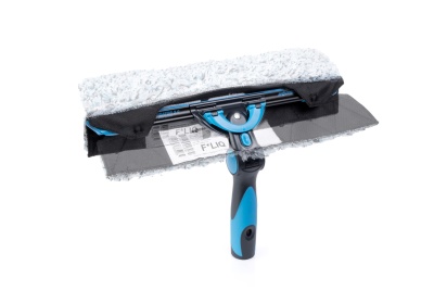 Esfregona dupla de limpeza para janelas com microfibra cinza e lâmina de borracha.