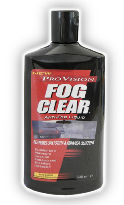 Frasco preto de líquido anti-embaciamento Pro Vision Fog Clear 300 ml com rótulo vermelho.