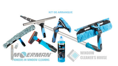 Kit de limpeza de janelas com esfregona azul, rodo, escova e líquido de limpeza