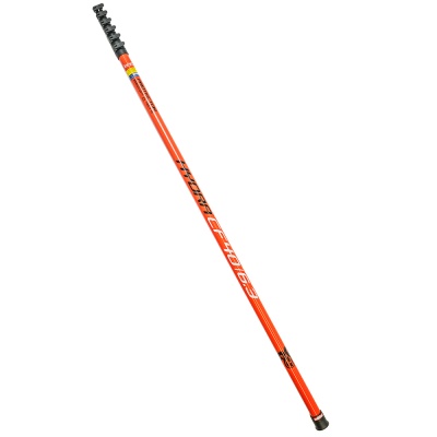 Cabo telescópico laranja com punho preto e texto impresso