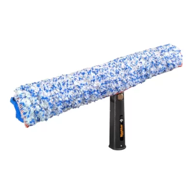 Esfregona para limpeza de vidros com almofada de microfibra azul, branca e laranja e cabo preto