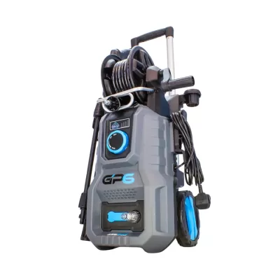 Máquina de lavar exterior cinza e azul com mangueira e rodas
