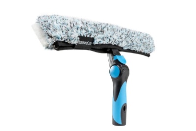 Pincel aplicador para janelas com microfibra cinza e cabo ergonómico azul e preto