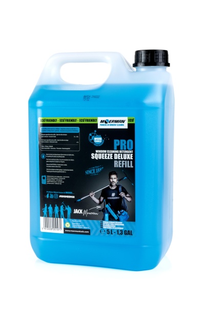 Recipiente azul de detergente para limpeza de janelas com rótulo preto e azul