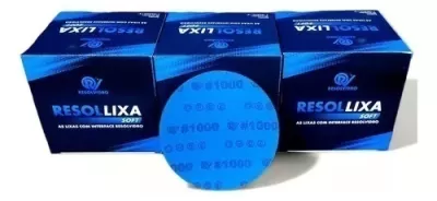 Caixas azuis do produto RESOLLIXA SOFT com disco abrasivo azul em primeiro plano